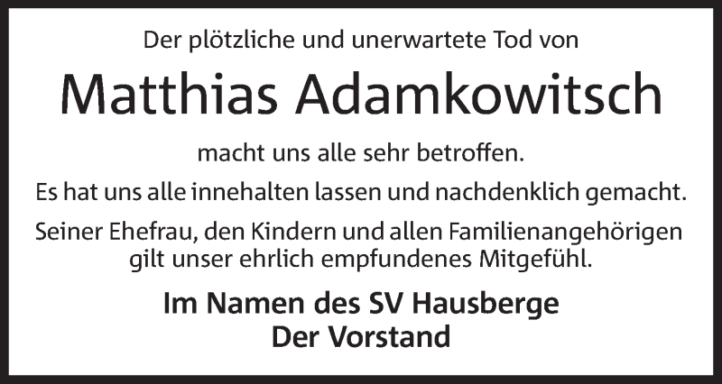  Traueranzeige für Matthias Adamkowitsch vom 09.01.2021 aus Mindener Tageblatt