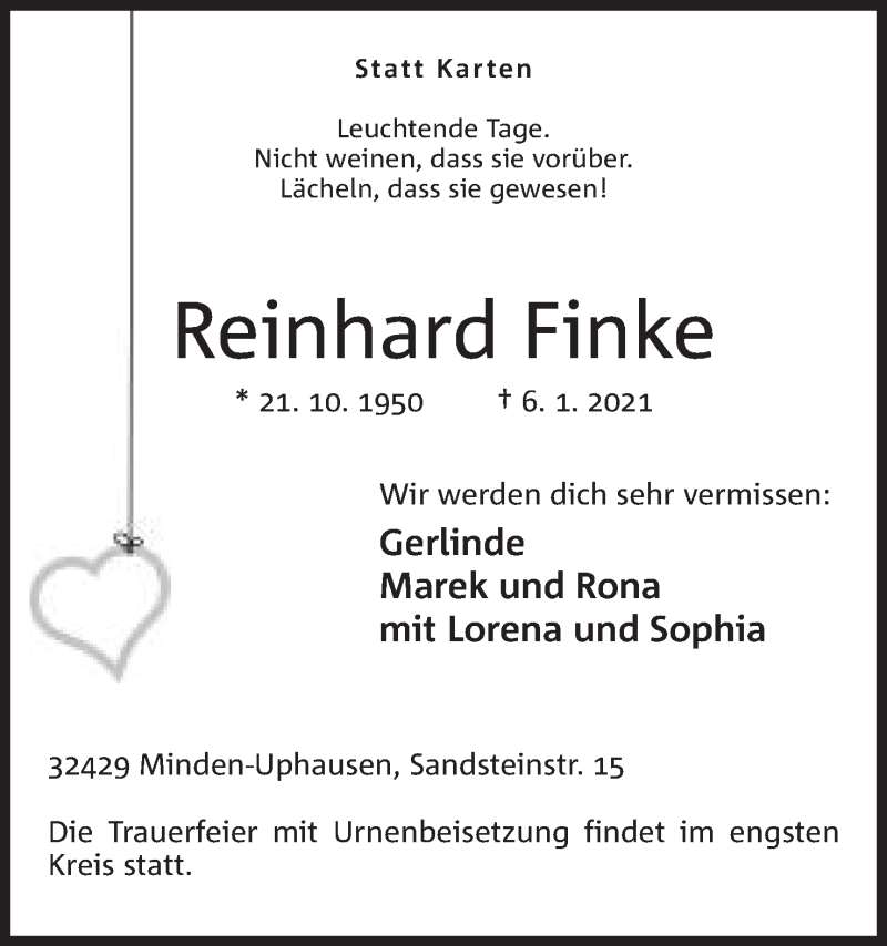  Traueranzeige für Reinhard Finke vom 09.01.2021 aus Mindener Tageblatt