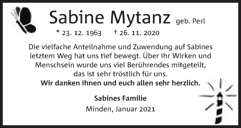  Traueranzeige für Sabine Mytanz vom 30.01.2021 aus Mindener Tageblatt