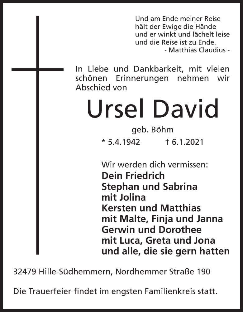  Traueranzeige für Ursel David vom 09.01.2021 aus Mindener Tageblatt