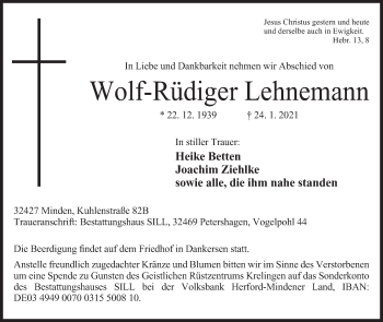 Anzeige von Wolf-Rüdiger Lehnemann von Mindener Tageblatt