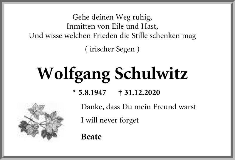  Traueranzeige für Wolfgang Schulwitz vom 05.01.2021 aus Mindener Tageblatt