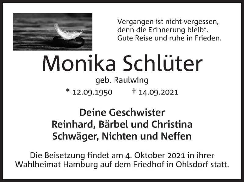  Traueranzeige für Monika Schlüter vom 12.10.2021 aus 