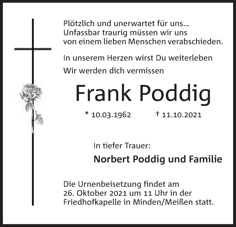  Traueranzeige für Frank Poddig vom 19.10.2021 aus Mindener Tageblatt