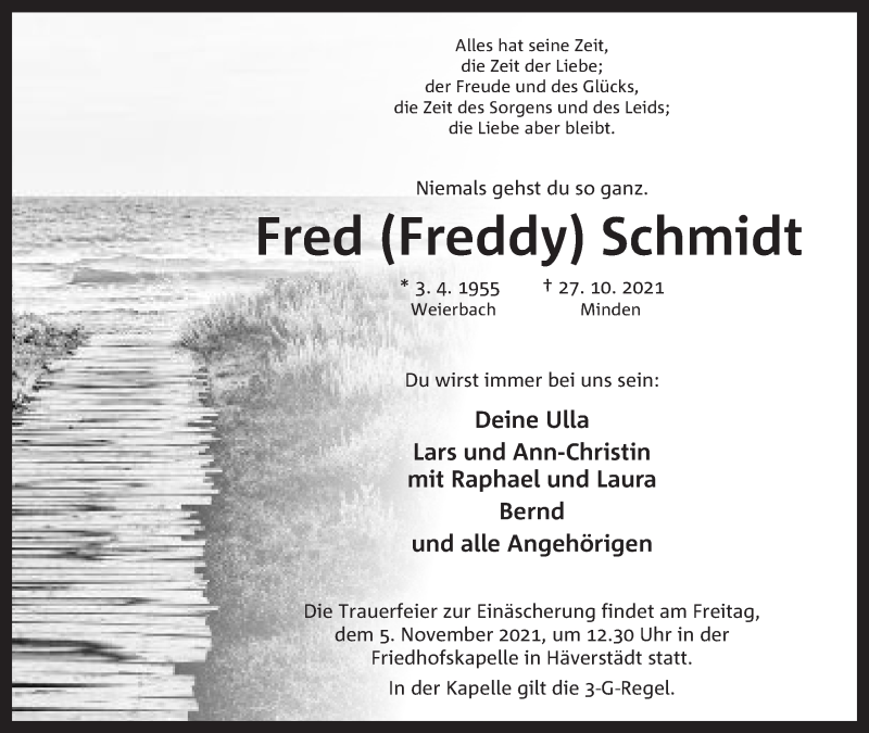  Traueranzeige für Fred Schmidt vom 30.10.2021 aus Mindener Tageblatt