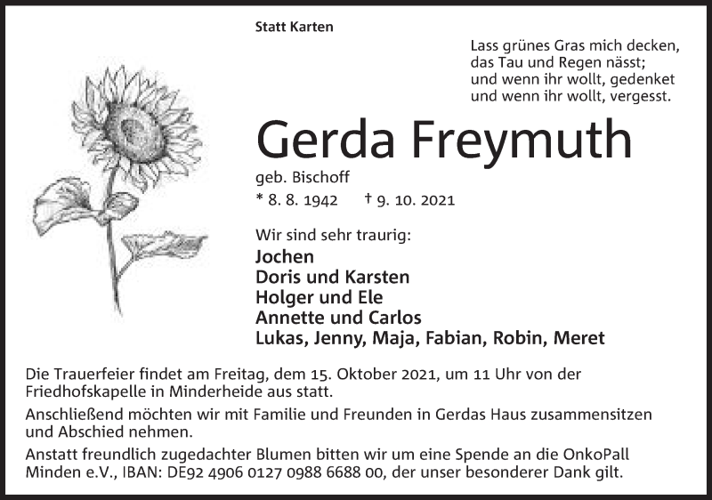  Traueranzeige für Gerda Freymuth vom 13.10.2021 aus Mindener Tageblatt