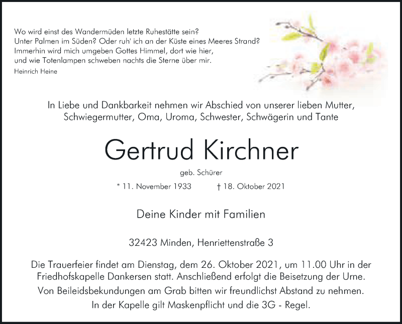  Traueranzeige für Gertrud Kirchner vom 23.10.2021 aus Mindener Tageblatt
