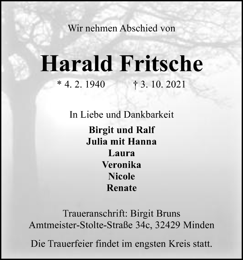  Traueranzeige für Harald Fritsche vom 09.10.2021 aus Mindener Tageblatt