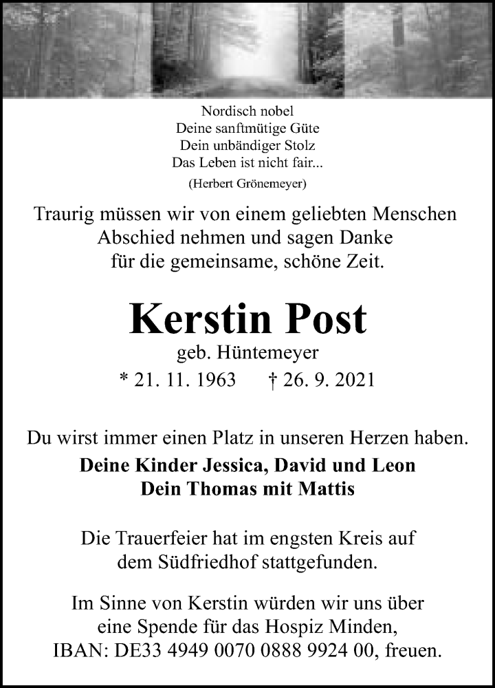  Traueranzeige für Kerstin Post vom 16.10.2021 aus Mindener Tageblatt