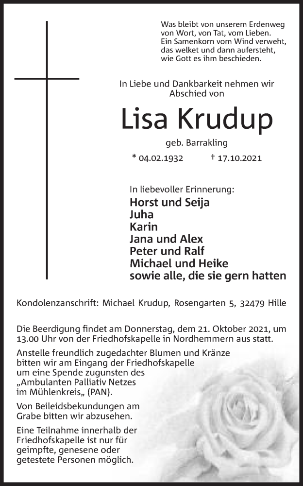  Traueranzeige für Lisa Krudup vom 19.10.2021 aus Mindener Tageblatt