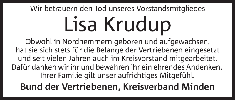  Traueranzeige für Lisa Krudup vom 21.10.2021 aus Mindener Tageblatt