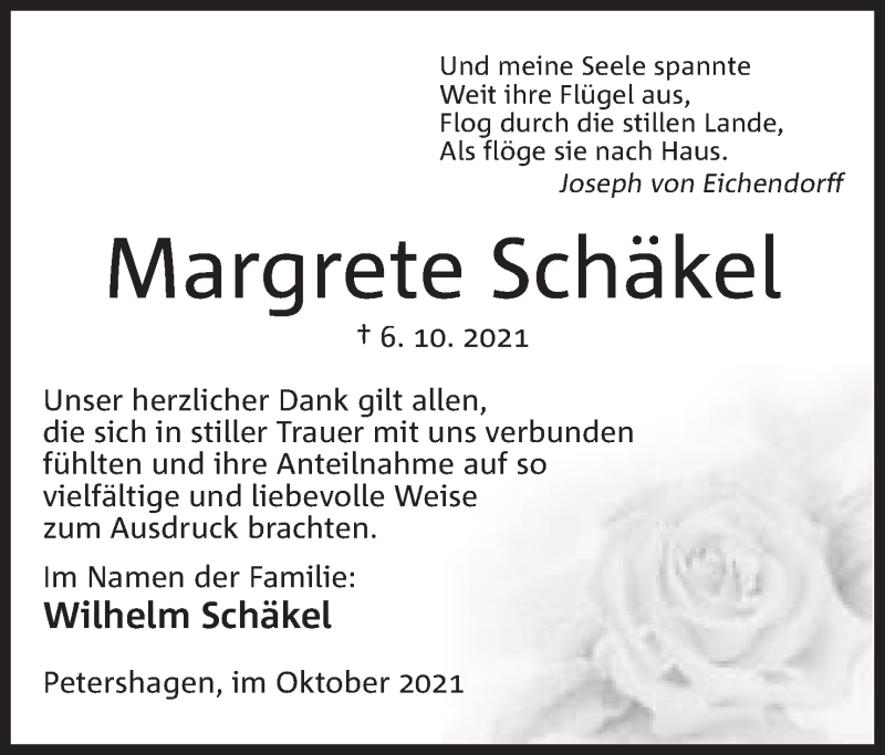 Traueranzeige für Margrete Schäkel vom 23.10.2021 aus Mindener Tageblatt