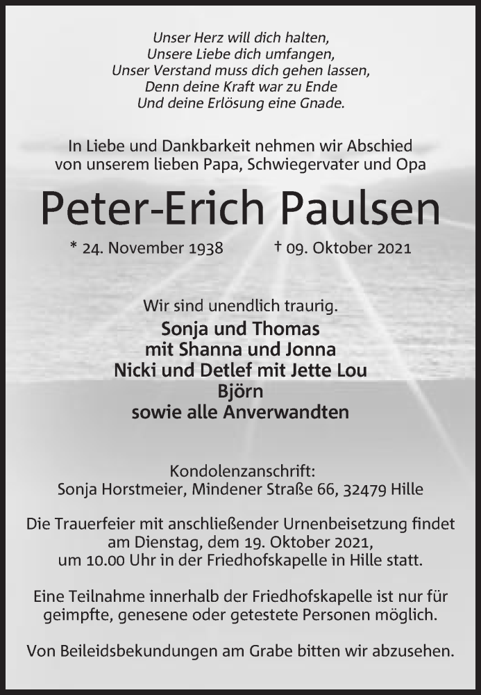  Traueranzeige für Peter-Erich Paulsen vom 13.10.2021 aus Mindener Tageblatt