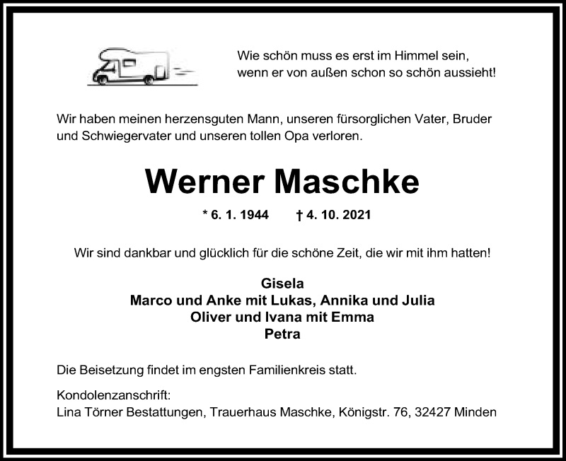  Traueranzeige für Werner Maschke vom 09.10.2021 aus Mindener Tageblatt
