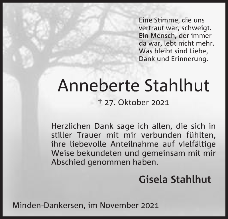  Traueranzeige für Anneberte Stahlhut vom 27.11.2021 aus Mindener Tageblatt