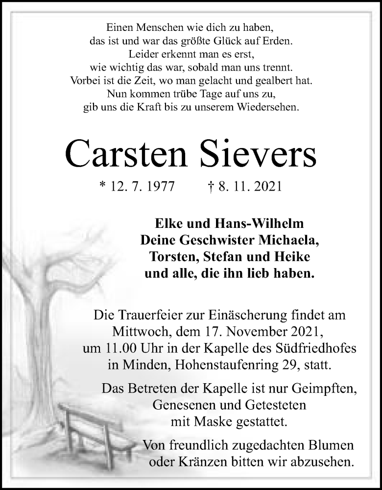  Traueranzeige für Carsten Sievers vom 13.11.2021 aus Mindener Tageblatt