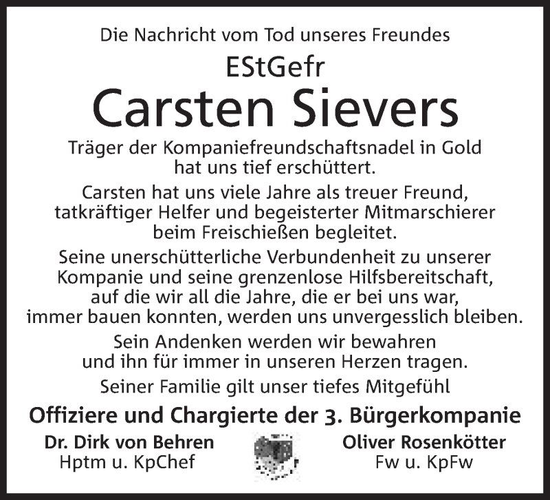  Traueranzeige für Carsten Sievers vom 13.11.2021 aus Mindener Tageblatt