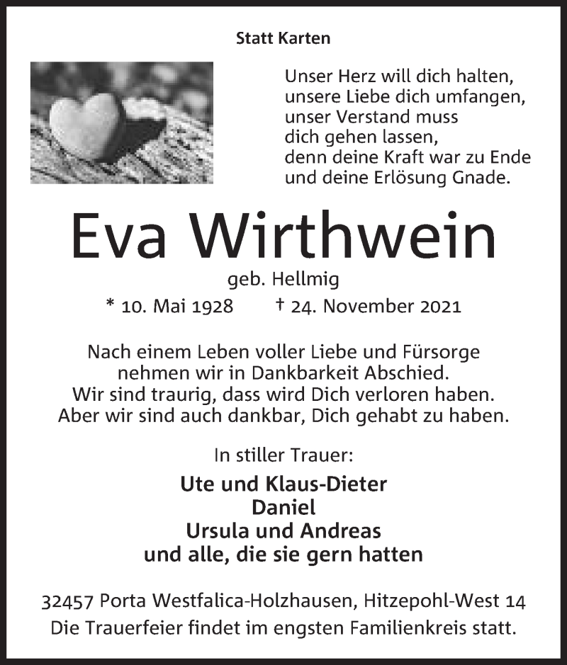  Traueranzeige für Eva Wirthwein vom 27.11.2021 aus Mindener Tageblatt
