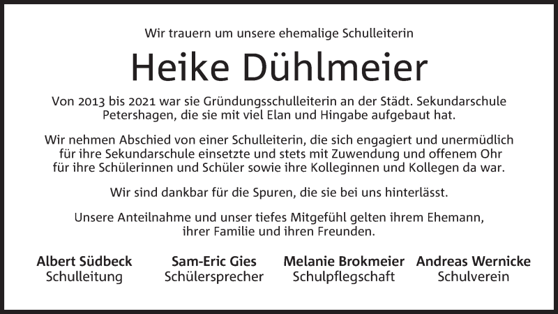  Traueranzeige für Heike Dühlmeier vom 20.11.2021 aus Mindener Tageblatt