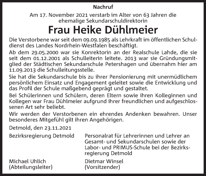  Traueranzeige für Heike Dühlmeier vom 27.11.2021 aus Mindener Tageblatt