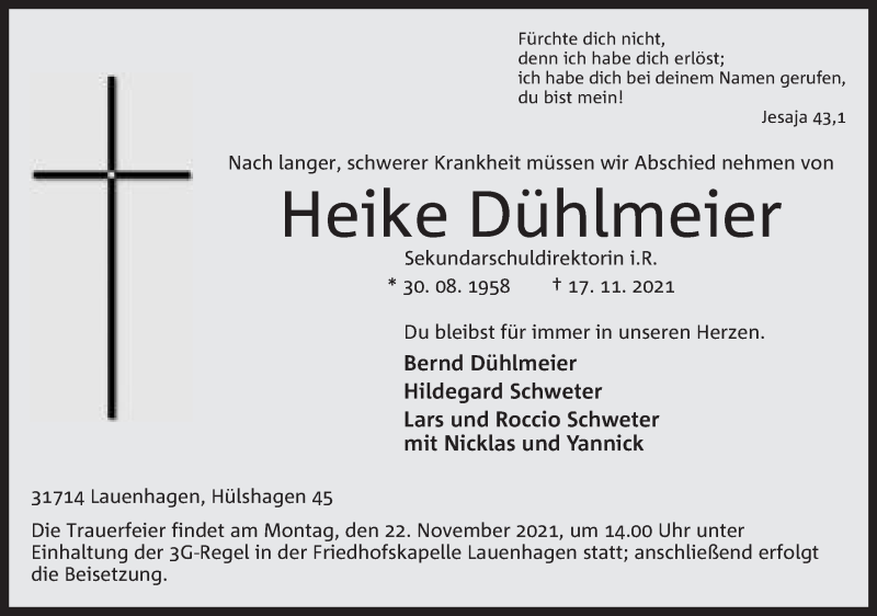  Traueranzeige für Heike Dühlmeier vom 20.11.2021 aus Mindener Tageblatt