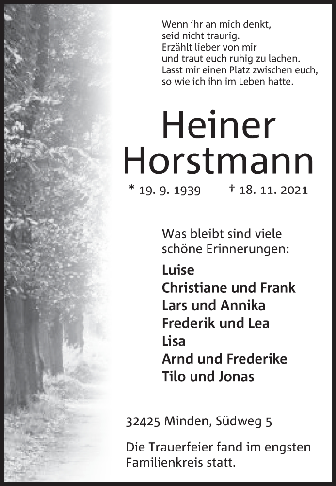  Traueranzeige für Heiner Horstmann vom 27.11.2021 aus Mindener Tageblatt