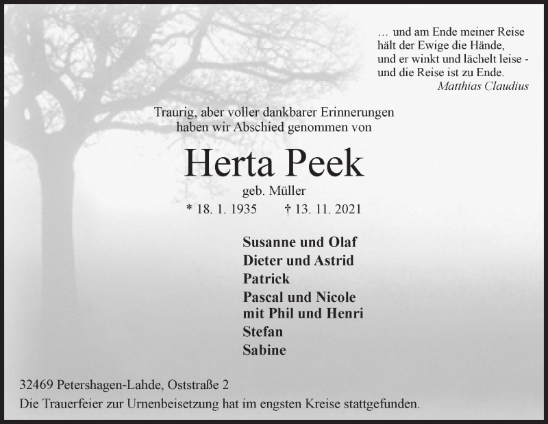  Traueranzeige für Herta Peek vom 27.11.2021 aus Mindener Tageblatt