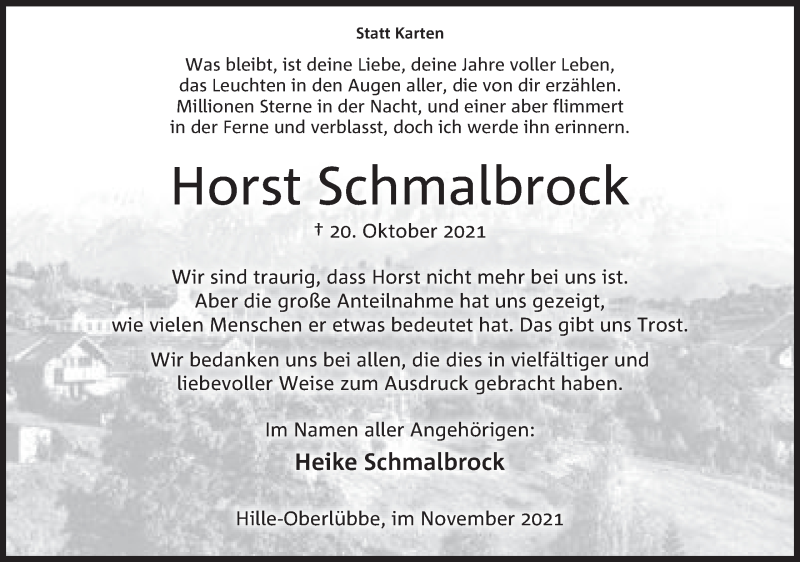  Traueranzeige für Horst Schmalbrock vom 20.11.2021 aus Mindener Tageblatt