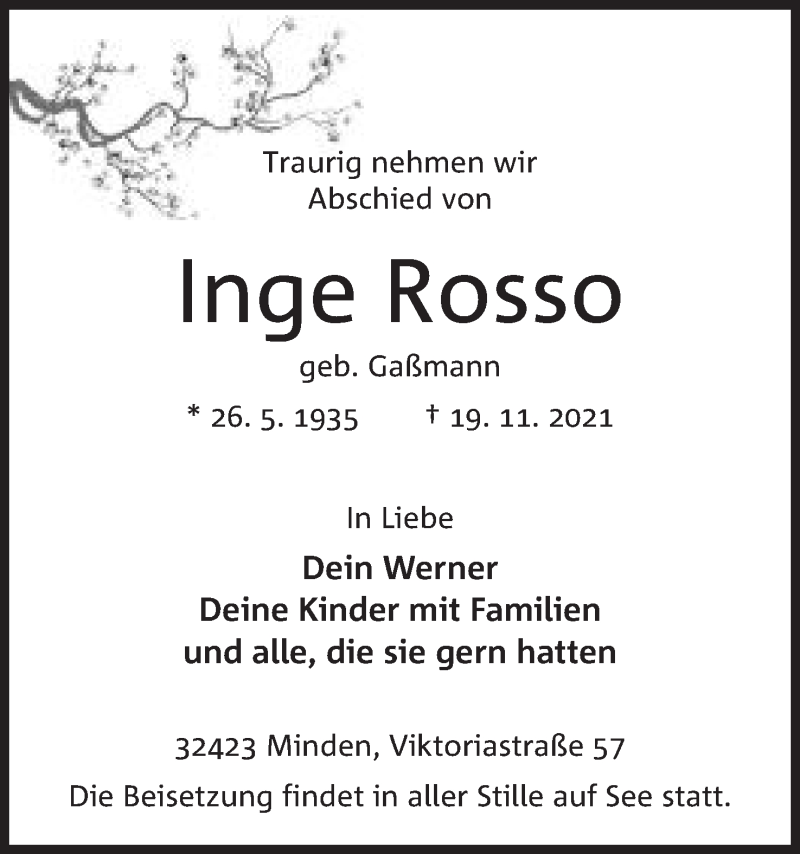  Traueranzeige für Inge Rosso vom 27.11.2021 aus Mindener Tageblatt
