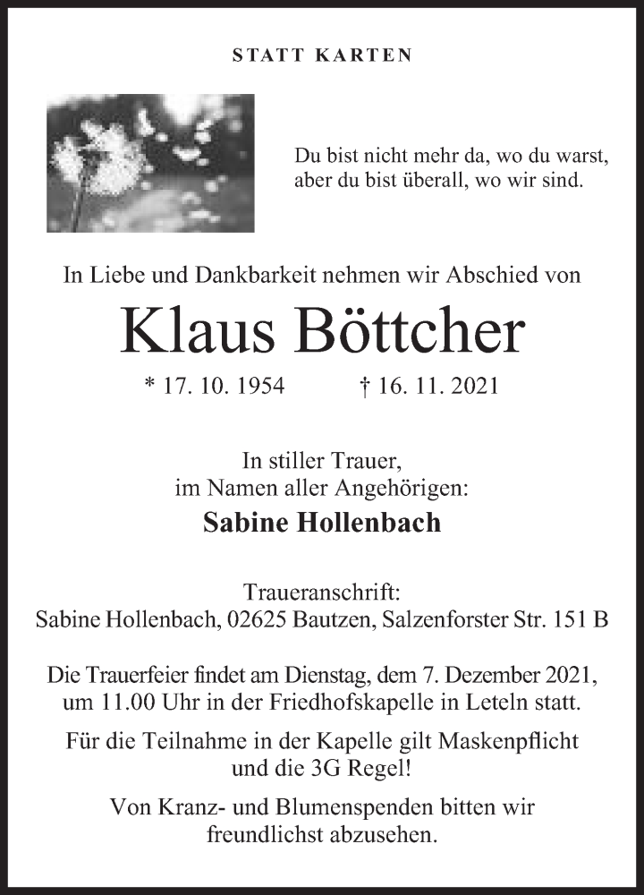  Traueranzeige für Klaus Böttcher vom 27.11.2021 aus Mindener Tageblatt