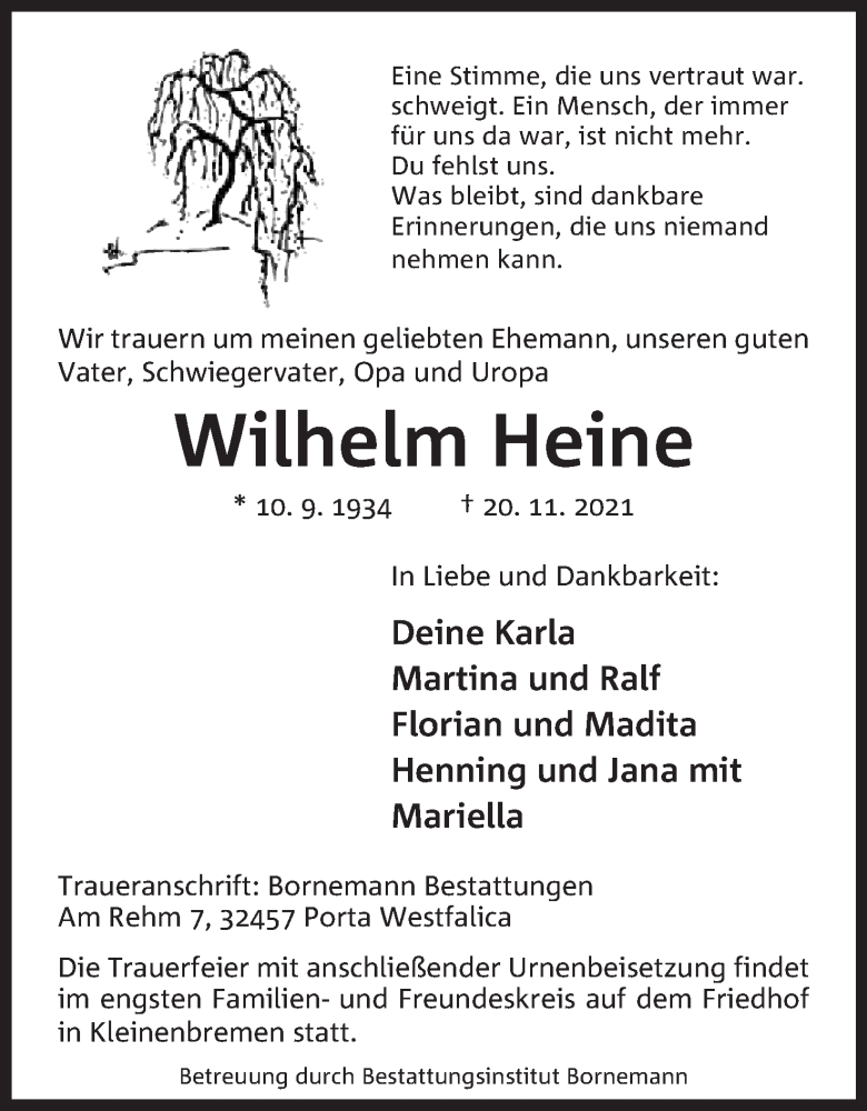  Traueranzeige für Wilhelm Heine vom 27.11.2021 aus Mindener Tageblatt