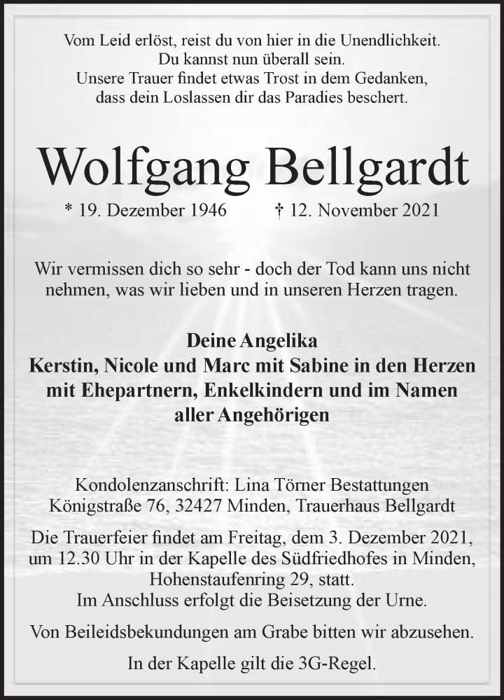  Traueranzeige für Wolfgang Bellgardt vom 27.11.2021 aus Mindener Tageblatt