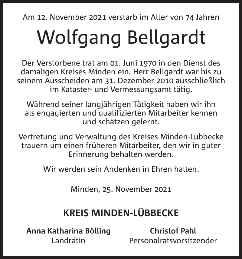  Traueranzeige für Wolfgang Bellgardt vom 27.11.2021 aus Mindener Tageblatt