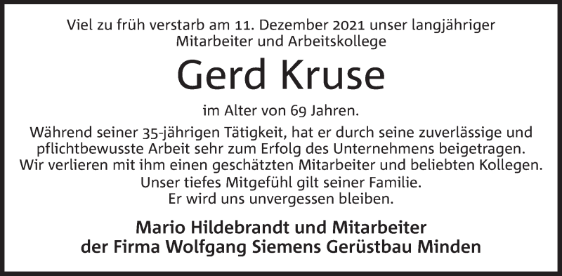  Traueranzeige für Gerd Kruse vom 15.12.2021 aus Mindener Tageblatt