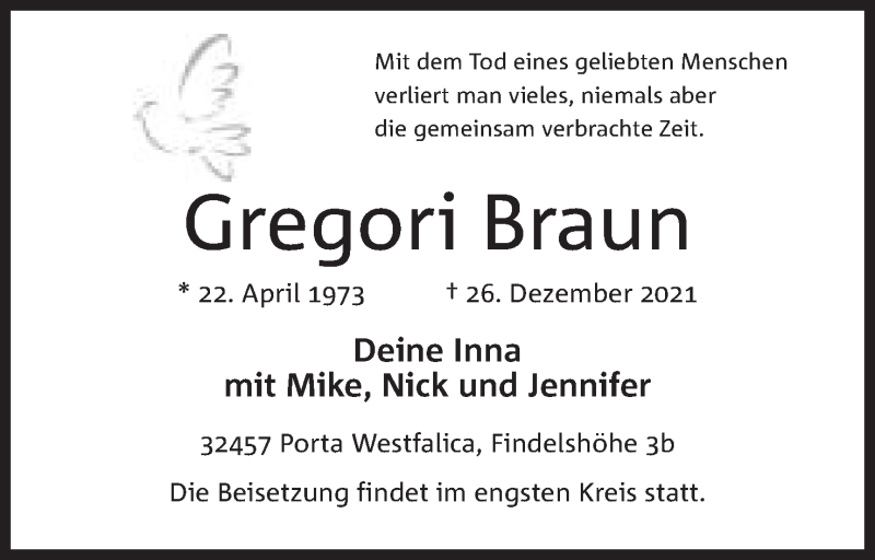  Traueranzeige für Gregori Braun vom 31.12.2021 aus Mindener Tageblatt