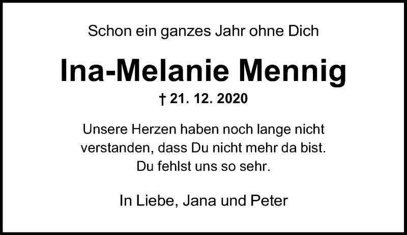  Traueranzeige für Ina-Melanie Mennig vom 21.12.2021 aus Mindener Tageblatt