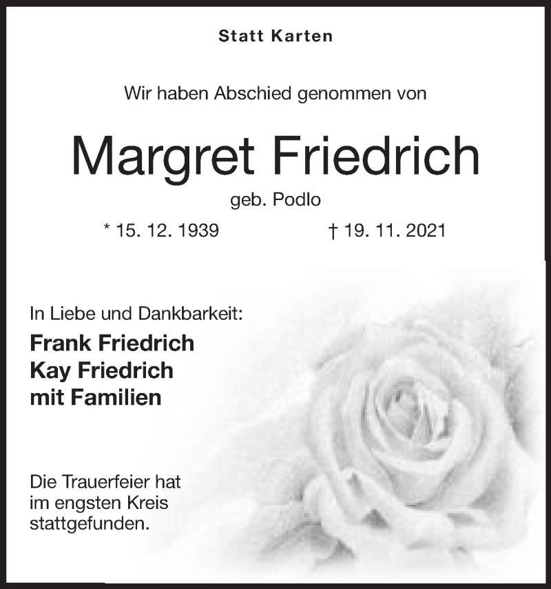 Traueranzeige für Margret Friedrich vom 11.12.2021 aus Mindener Tageblatt