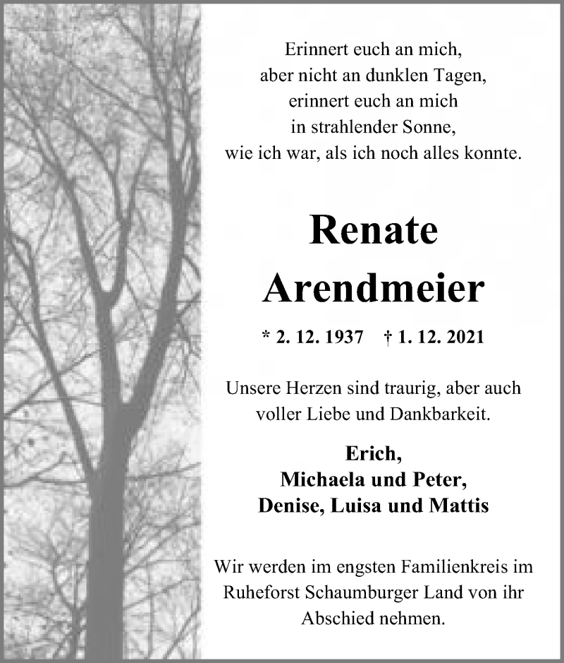  Traueranzeige für Renate Arendmeier vom 11.12.2021 aus Mindener Tageblatt