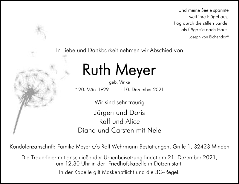  Traueranzeige für Ruth Meyer vom 18.12.2021 aus Mindener Tageblatt