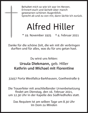 Anzeige von Alfred Hiller von Mindener Tageblatt