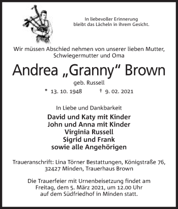 Anzeige von Andrea Brown von Mindener Tageblatt