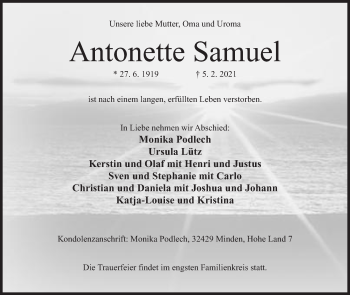 Anzeige von Antonette Samuel von Mindener Tageblatt