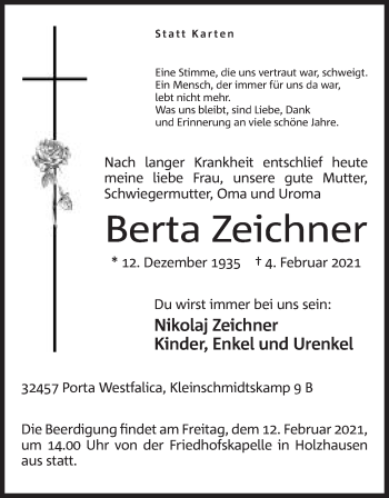 Anzeige von Berta Zeichner von Mindener Tageblatt