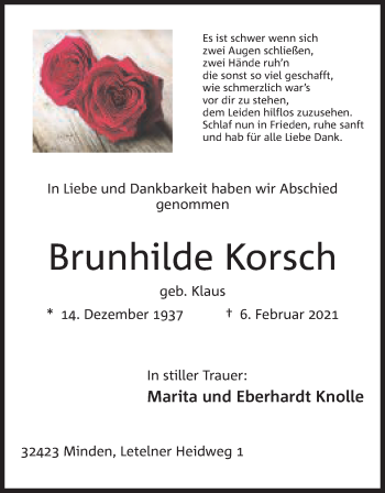 Anzeige von Brunhilde Korsch von Mindener Tageblatt