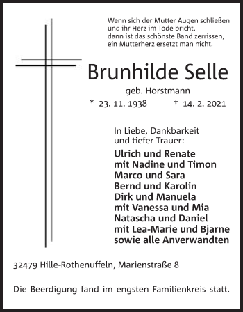 Anzeige von Brunhilde Selle von Mindener Tageblatt