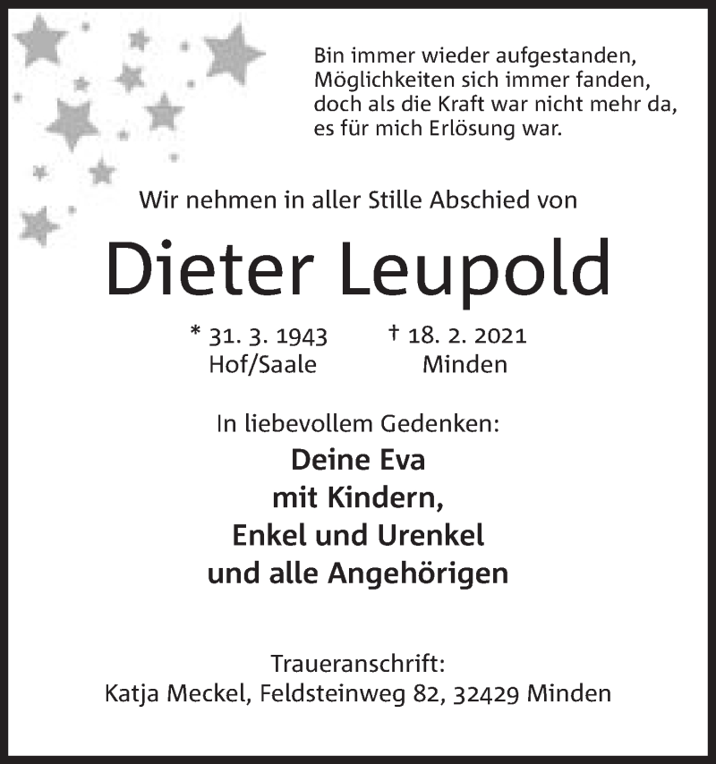  Traueranzeige für Dieter Leupold vom 20.02.2021 aus Mindener Tageblatt