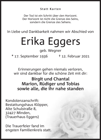 Anzeige von Erika Eggers von Mindener Tageblatt