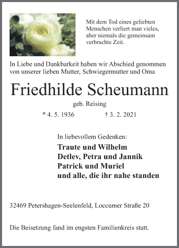 Anzeige von Friedhilde Scheumann von Mindener Tageblatt