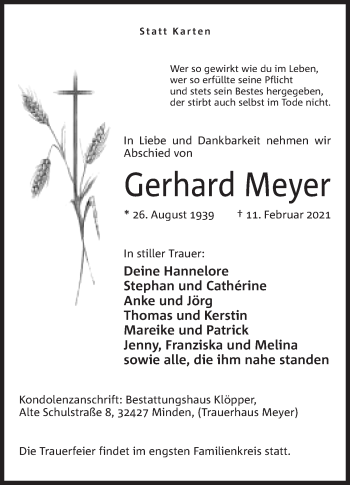 Anzeige von Gerhard Meyer von Mindener Tageblatt