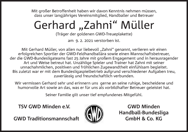 Traueranzeige für Gerhard Müller vom 13.02.2021 aus Mindener Tageblatt